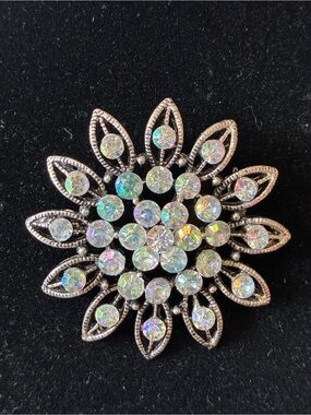 Floral Iridescent Aurora Borealis Rhinestone Brooch Silver Filigree